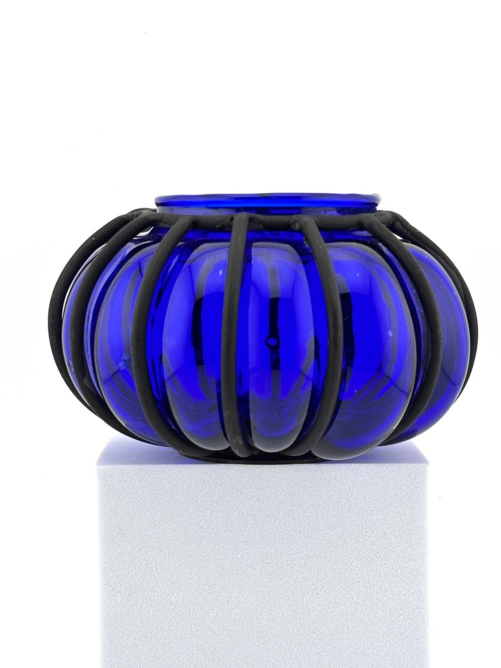 Mid-Century Cobalt Blue Hand Blown Glass Caged Wrought Iron Candle Holder